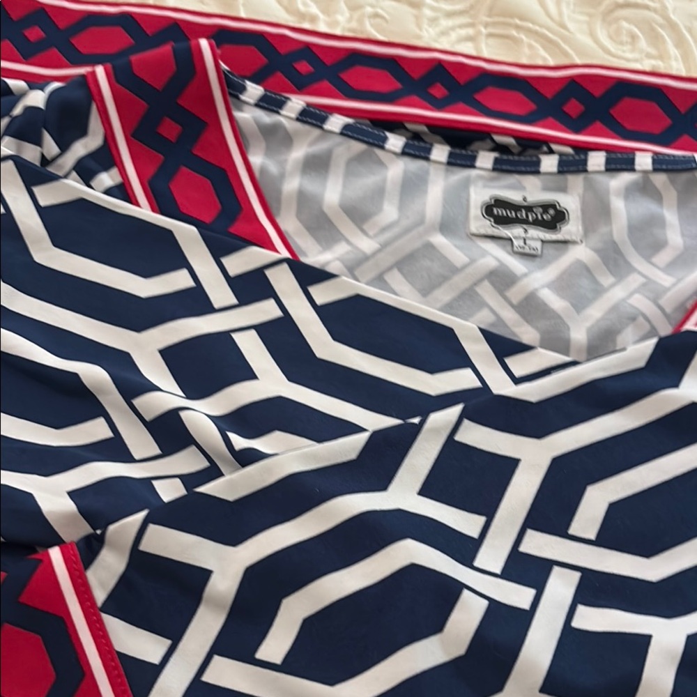 Mud Pie Red and Blue 3/4 Sleeve Wrap Blouse